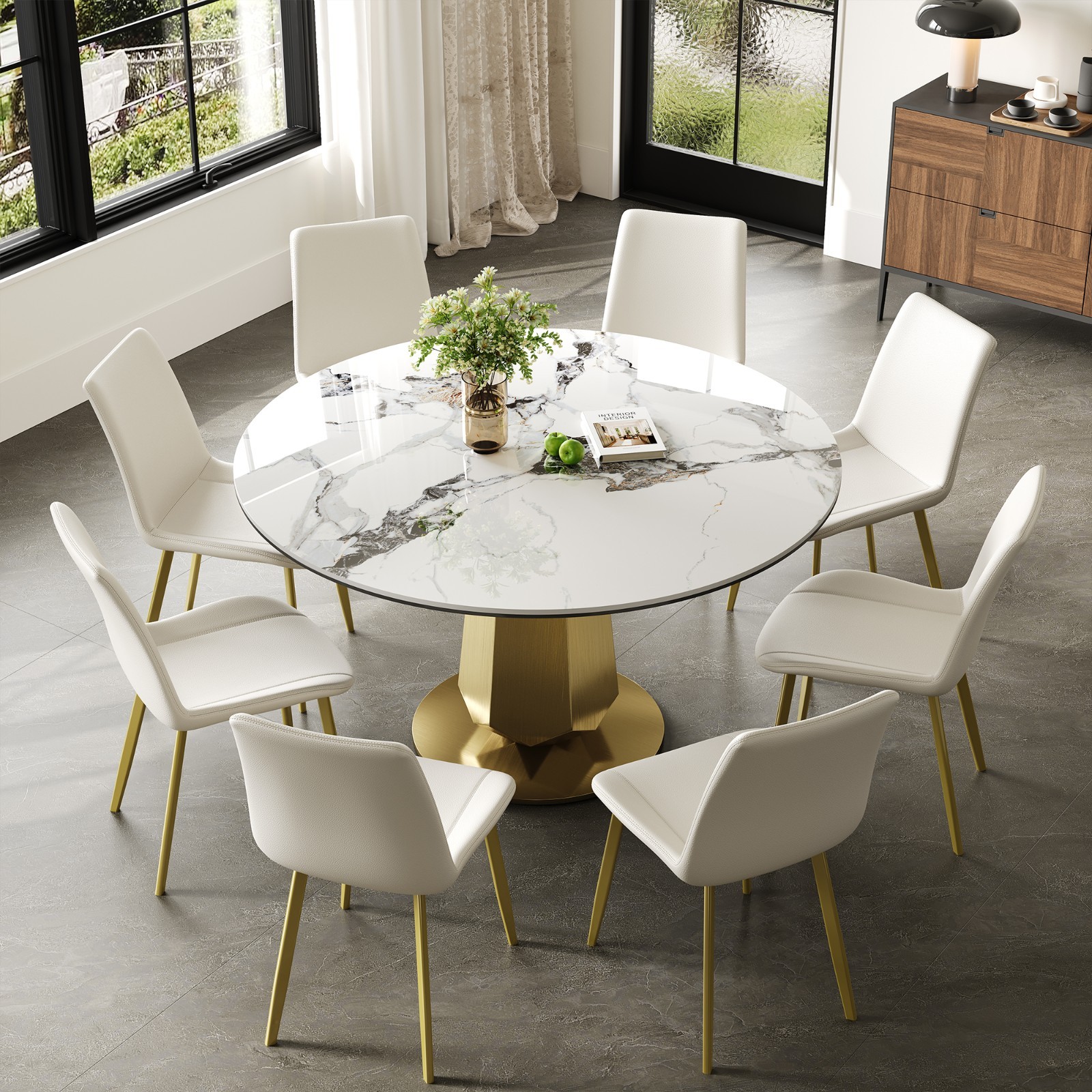 53″ Luxury Round Stone Table Gold Base Saves Space Fits 4-8