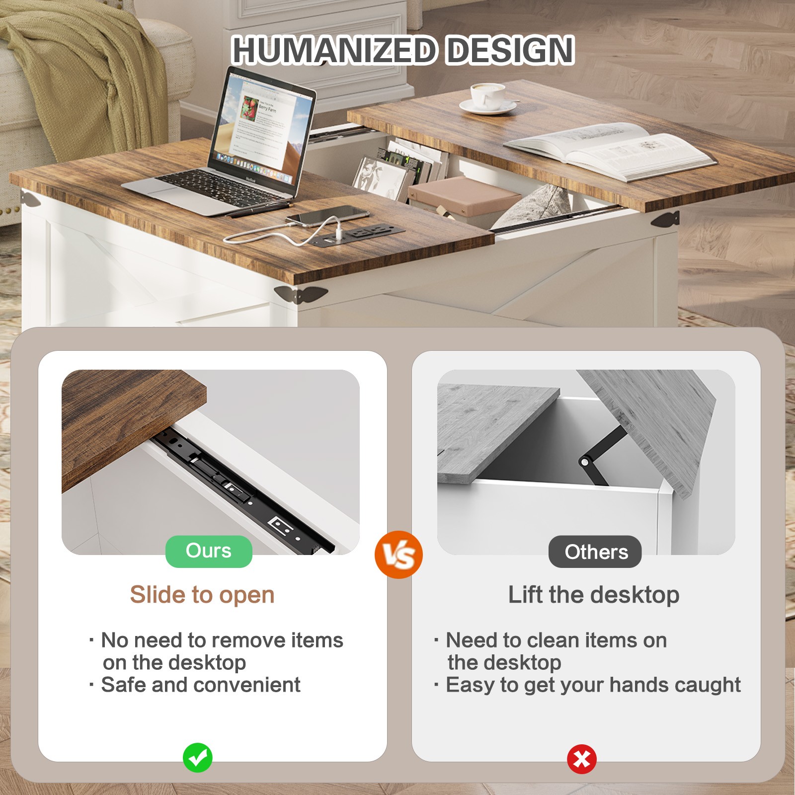Lift Top Farmhouse Square Coffee Table with Built-in Charging Station & Storage