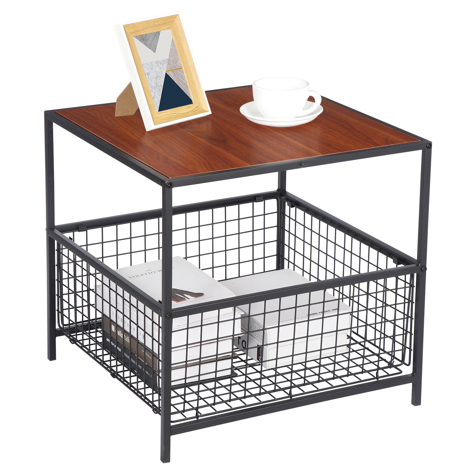 Metal Frame Compact Coffee Table Cabinet Living Room Storage Cabinet Black&Brown