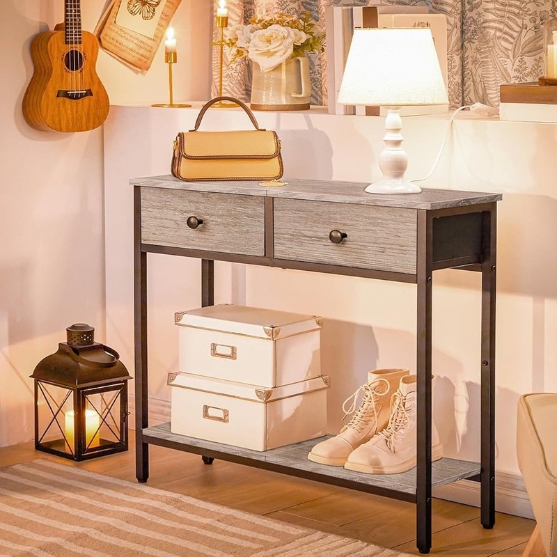 Narrow Console Table W/ 2 Fabric Drawers 2-Tier Storage Entryway Living Room New