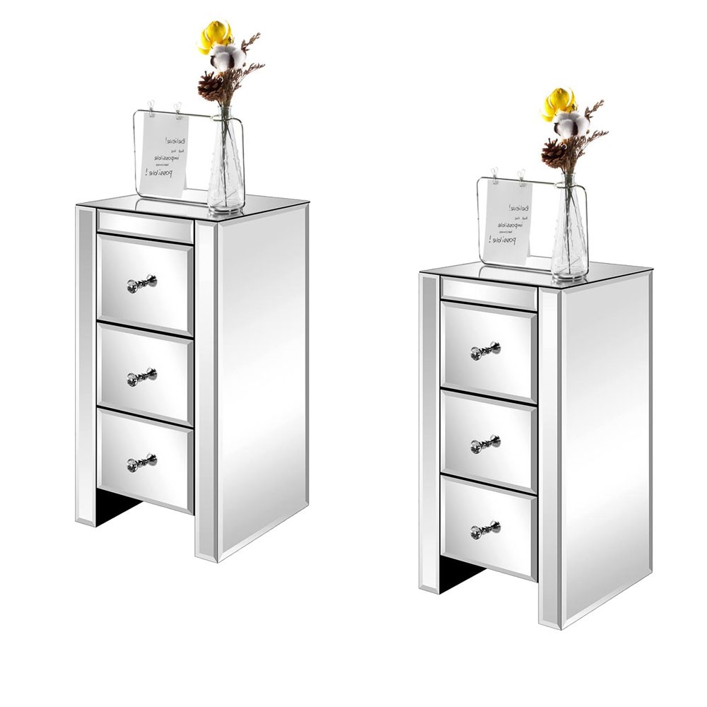 Set Of 2 Mirrored Nightstand Crystal Silver 3 Drawer Mini End Table Cabinet
