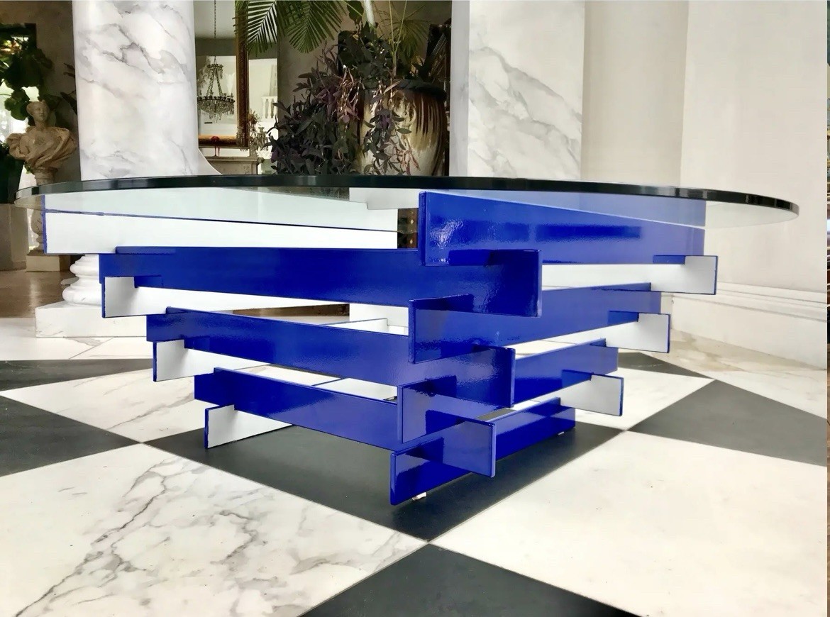Architectural Modern Coffee Table Blue & White Powder-Coat Base Glass Top 1960’s