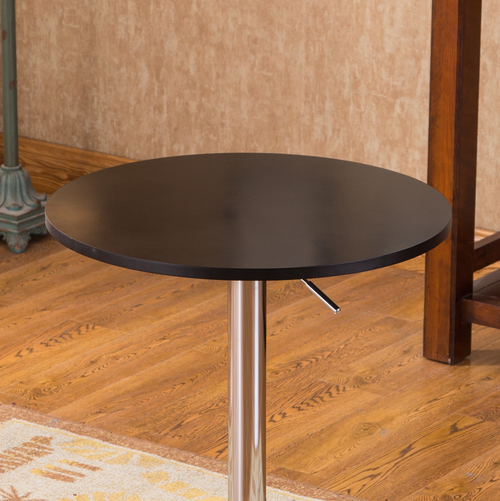 Adjustable black rod table, chrome metal cylinder and base, MDF + metal