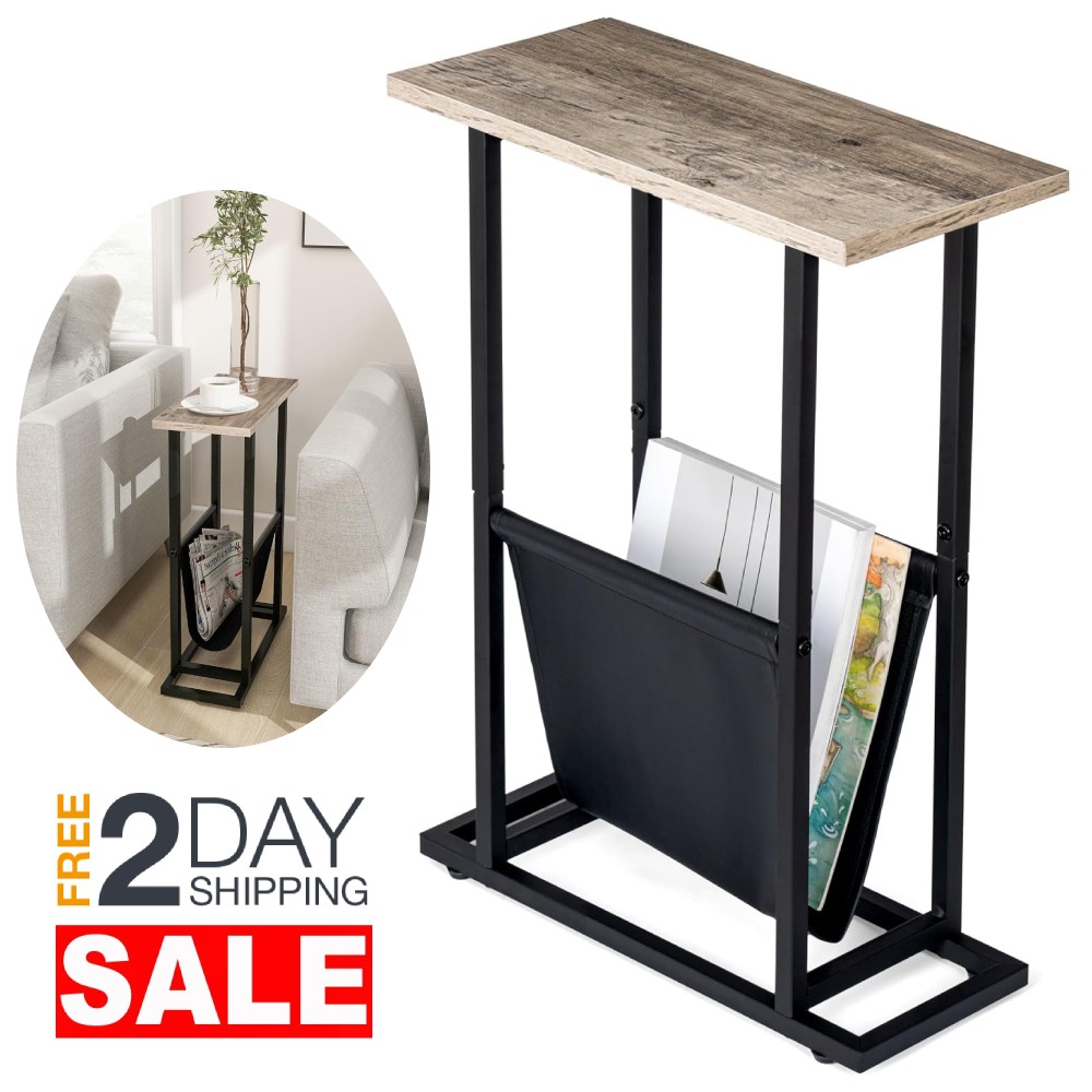 Grey Narrow Side Table With Magazine Holder For Couch Living Room Small Spaces