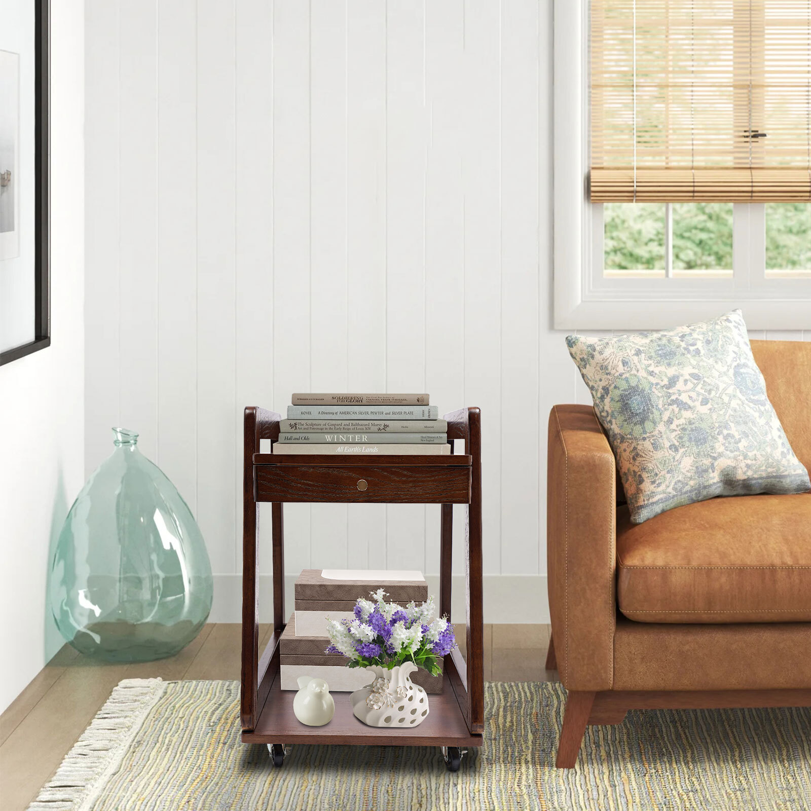 Walnut Retro Wood End Table, 2-tier Side Table, Storage Couch Table with Wheels
