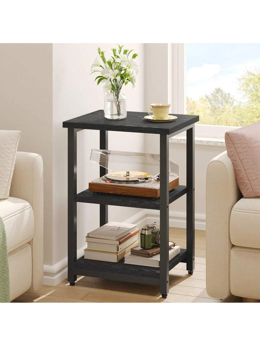 Modern 3-Tier Rectangular Side Table Black Wood Grain Living Room