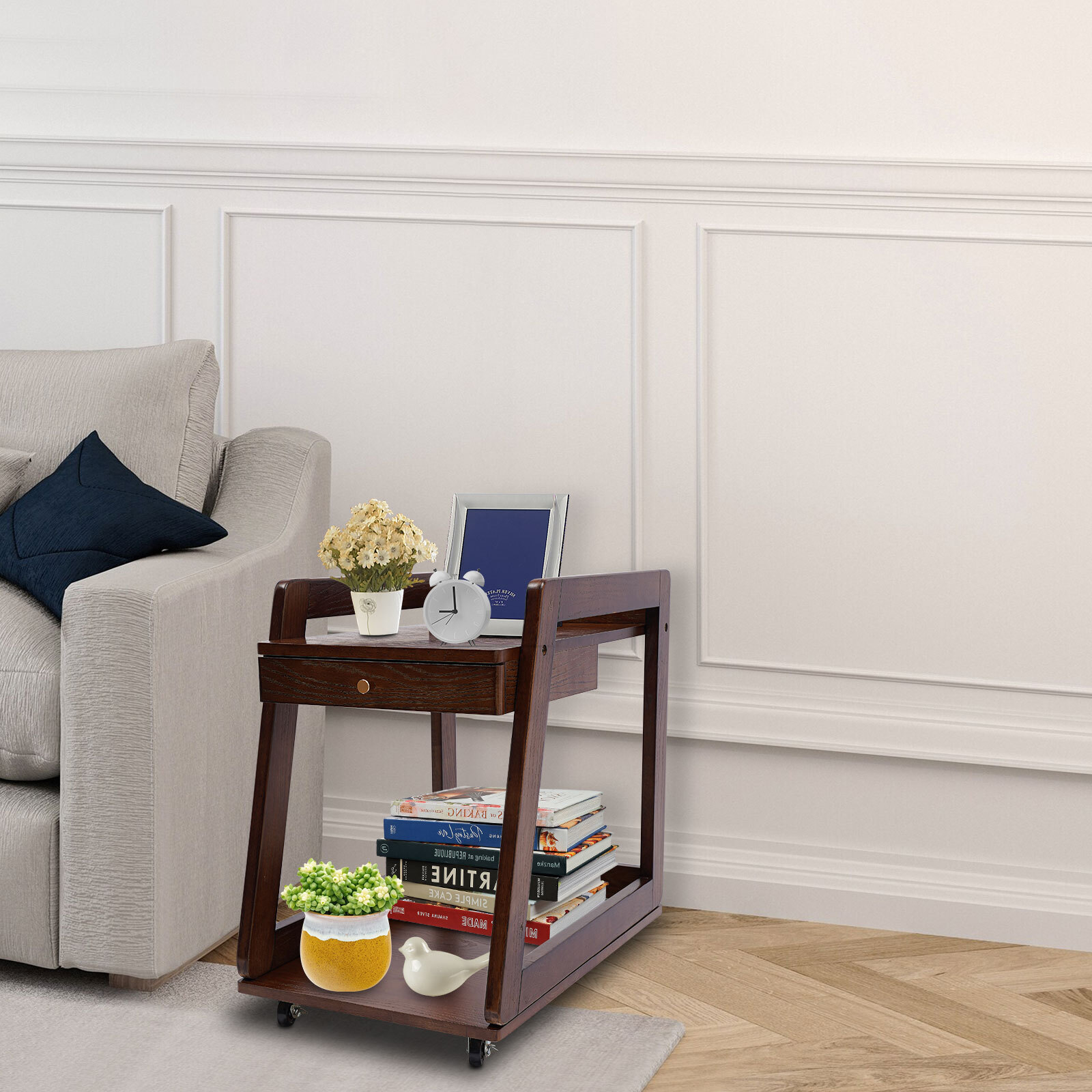 40*60*60cm 2-Tier Wood End Table Max 10kg Side Table Couch Table W/Wheel&Drawer