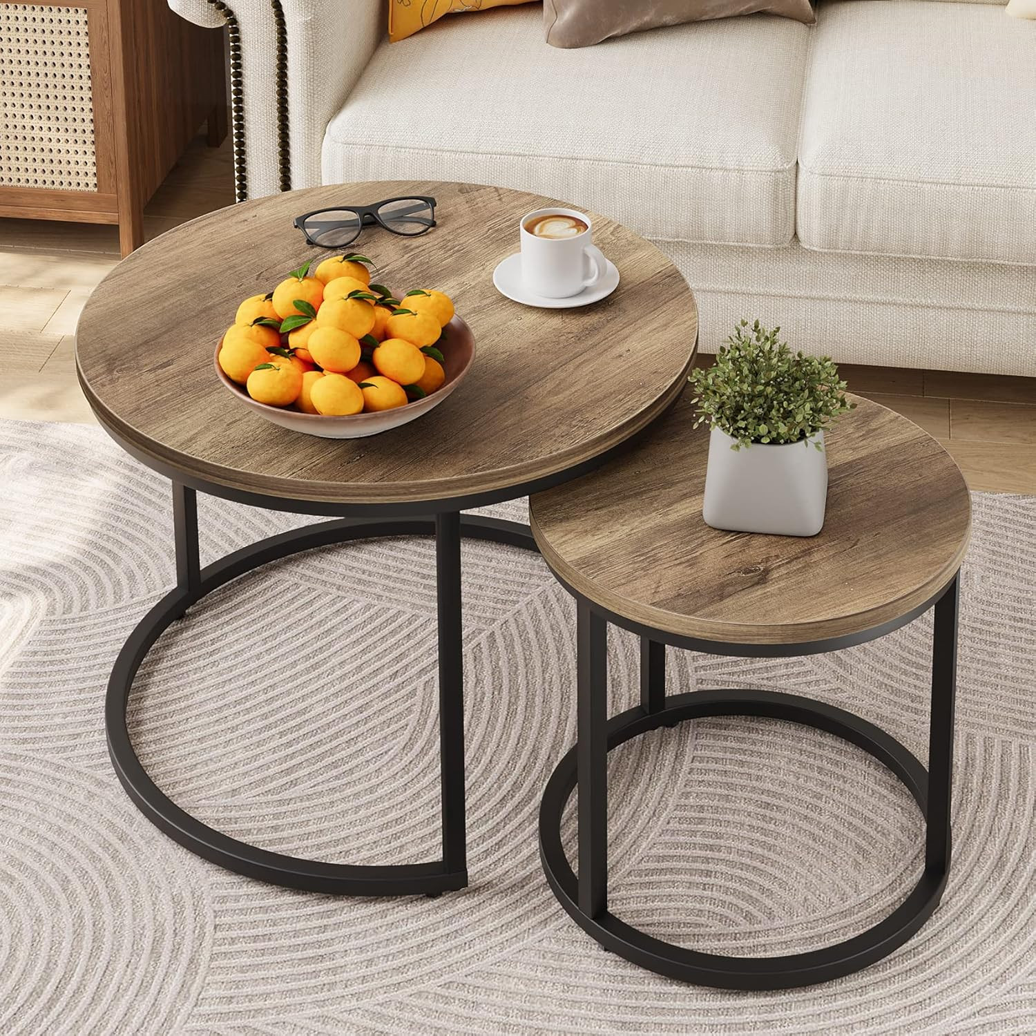 Nesting Coffee Table Set of 2, 23.6″ round Coffee Table Wood Grain Top with Adju