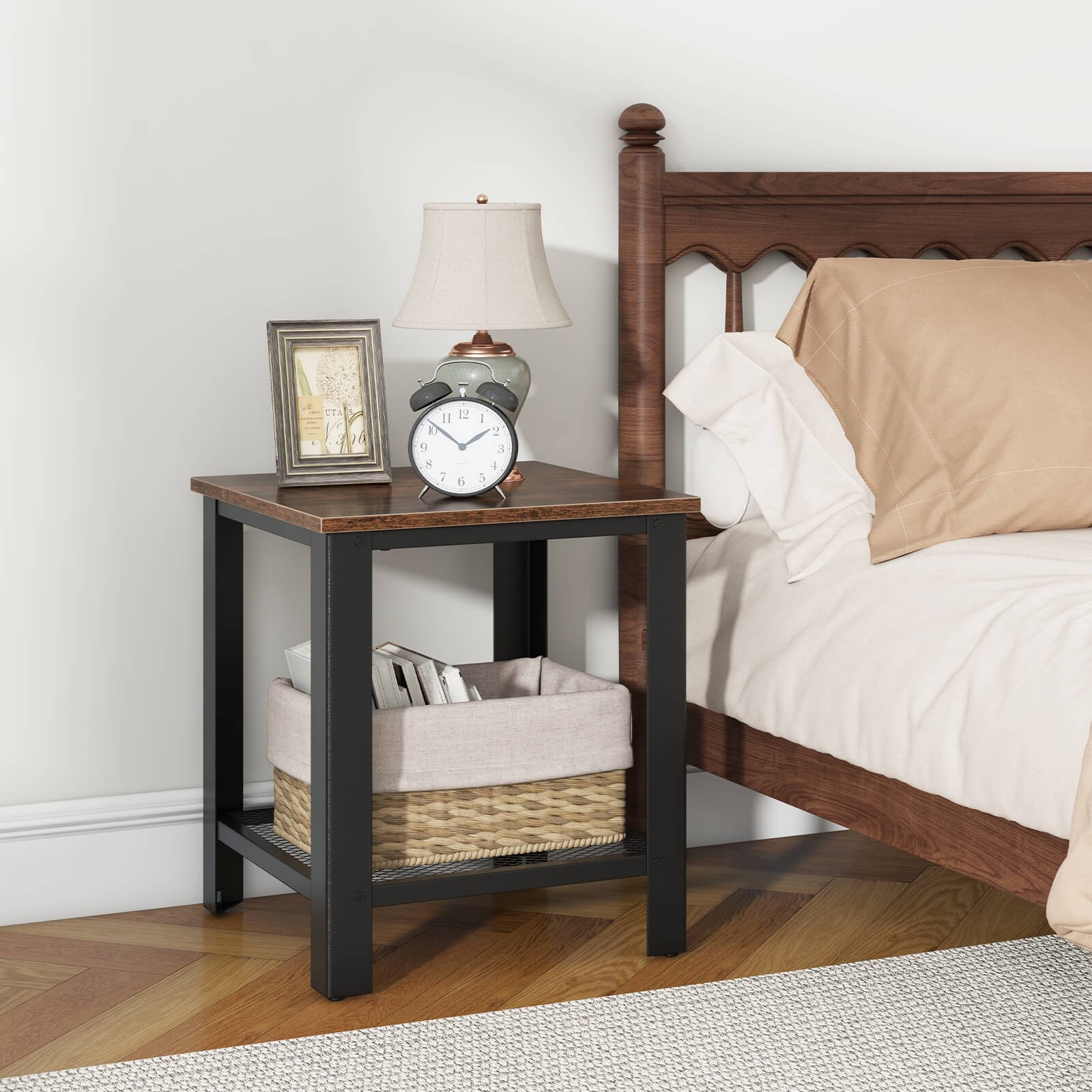 Industrial End Table 2-Tier Side Table W/Storage Shelf Rustic Sofa Table Black