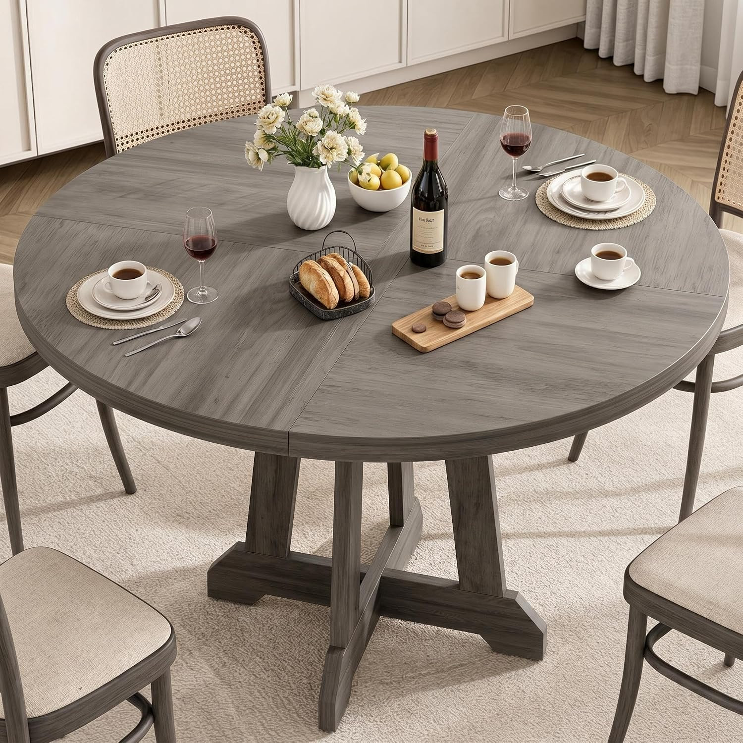 47″ Round Wooden Dining Table for 4-6, Grey Cross Base, Ideal for Kitchen & Livi