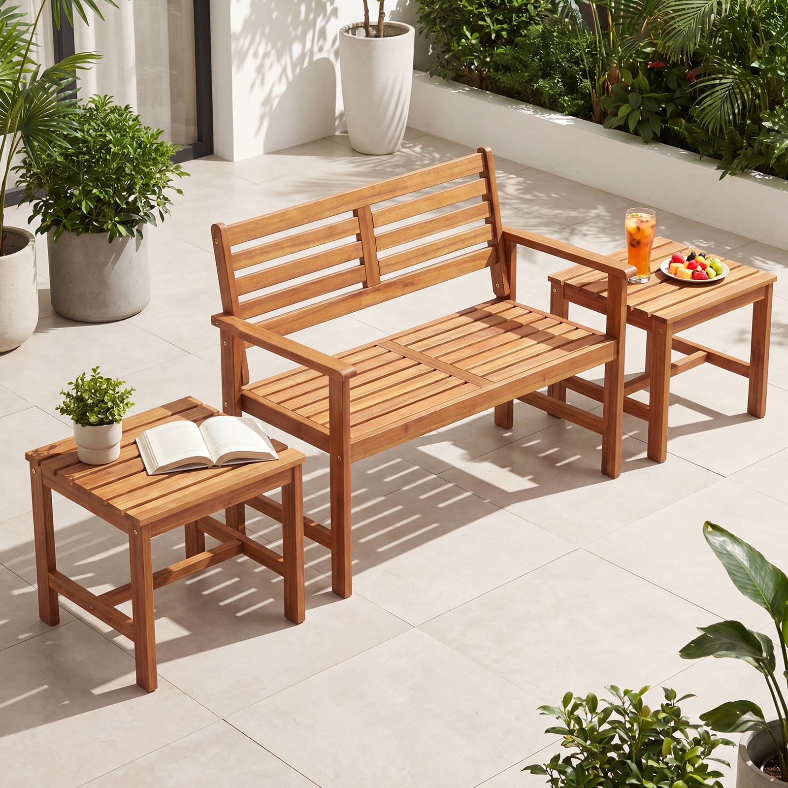 Patio Acacia Wood Accent Side Table,17″ Square End Table w/Slatted Tabletop