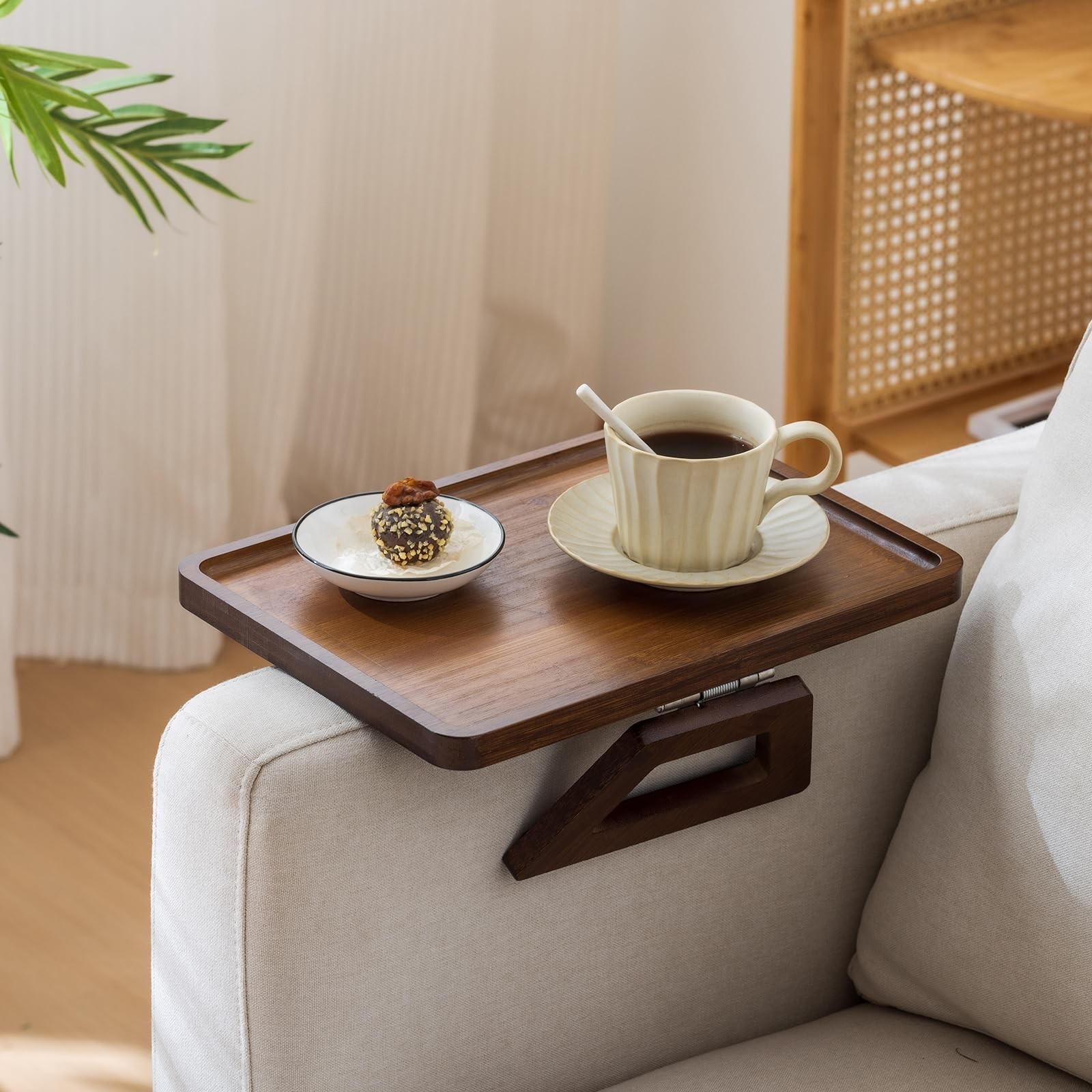 Sofa Arm Tray Table, Foldable Clip-on Side Table, Wide Couch Cup Holder (Brown)