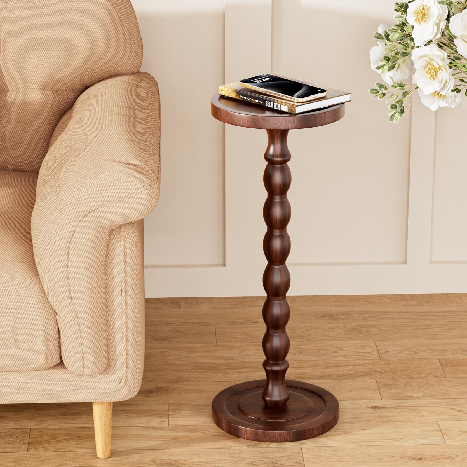 9.4 Inch Rubber Wood Round Side Table Small Drink Modern Accent Dark Walnut