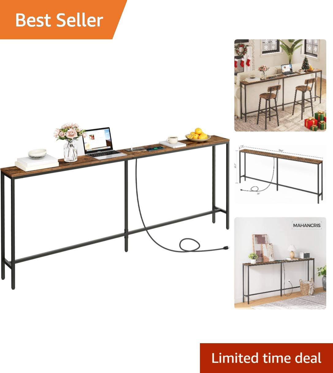 Industrial Style 78.7″ Sofa Table with USB Ports – Ideal for Living Room Spaces
