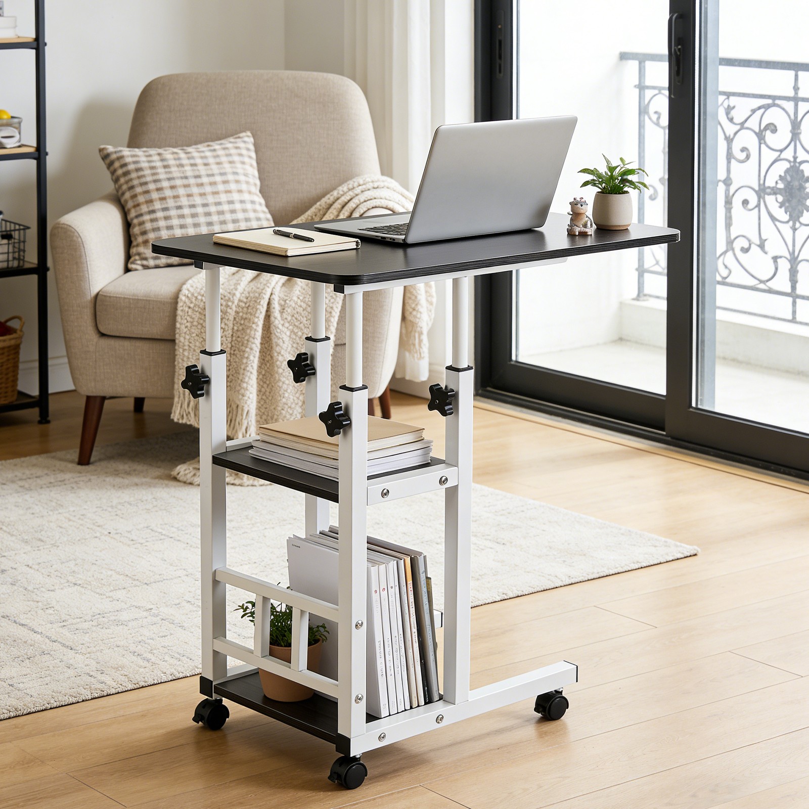 Height Adjustable C Table on Wheels with Storage Shelves Sofa End Table