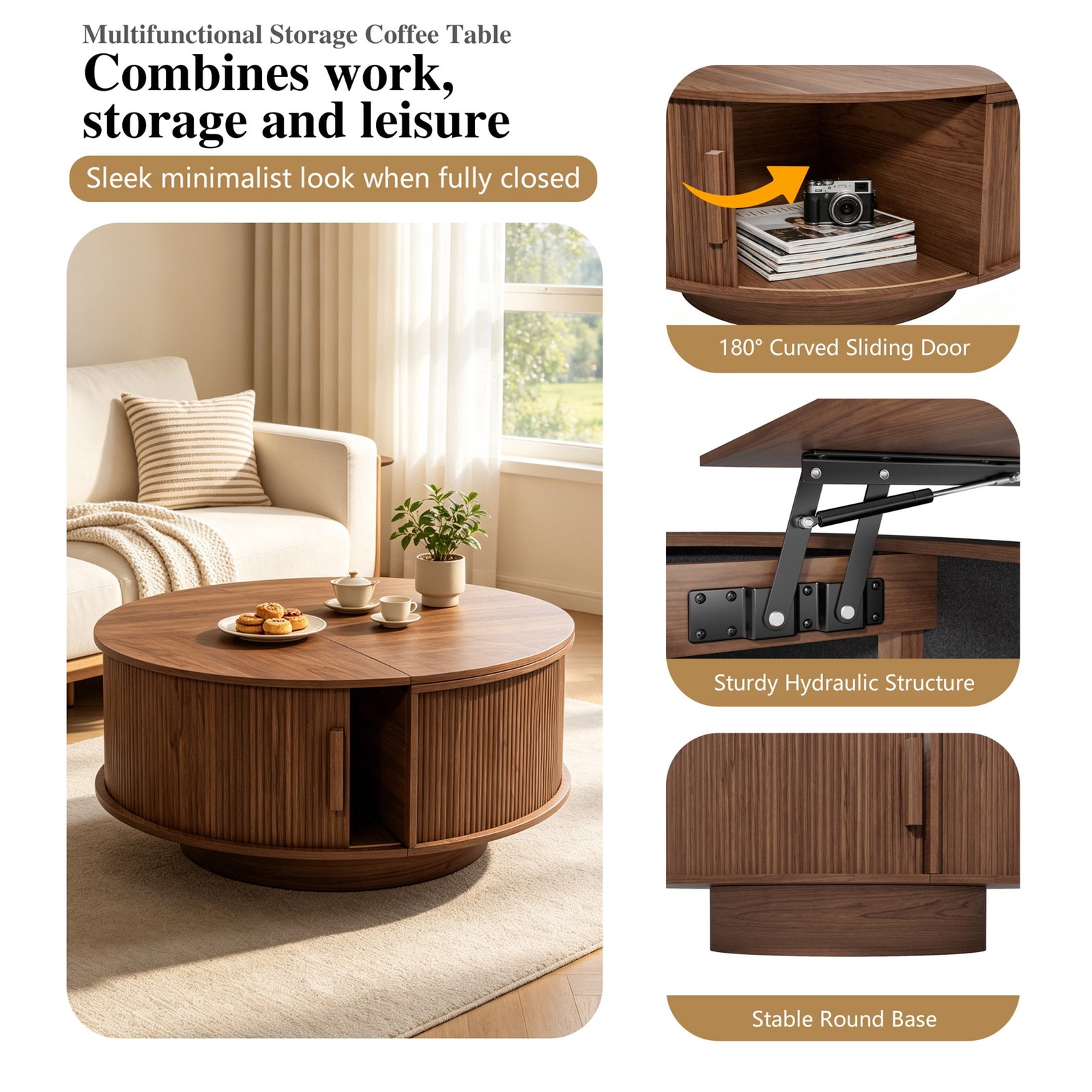 31.5″ Round Lift Top Coffee Table, Fluted Center Table for Living Room, Walnut