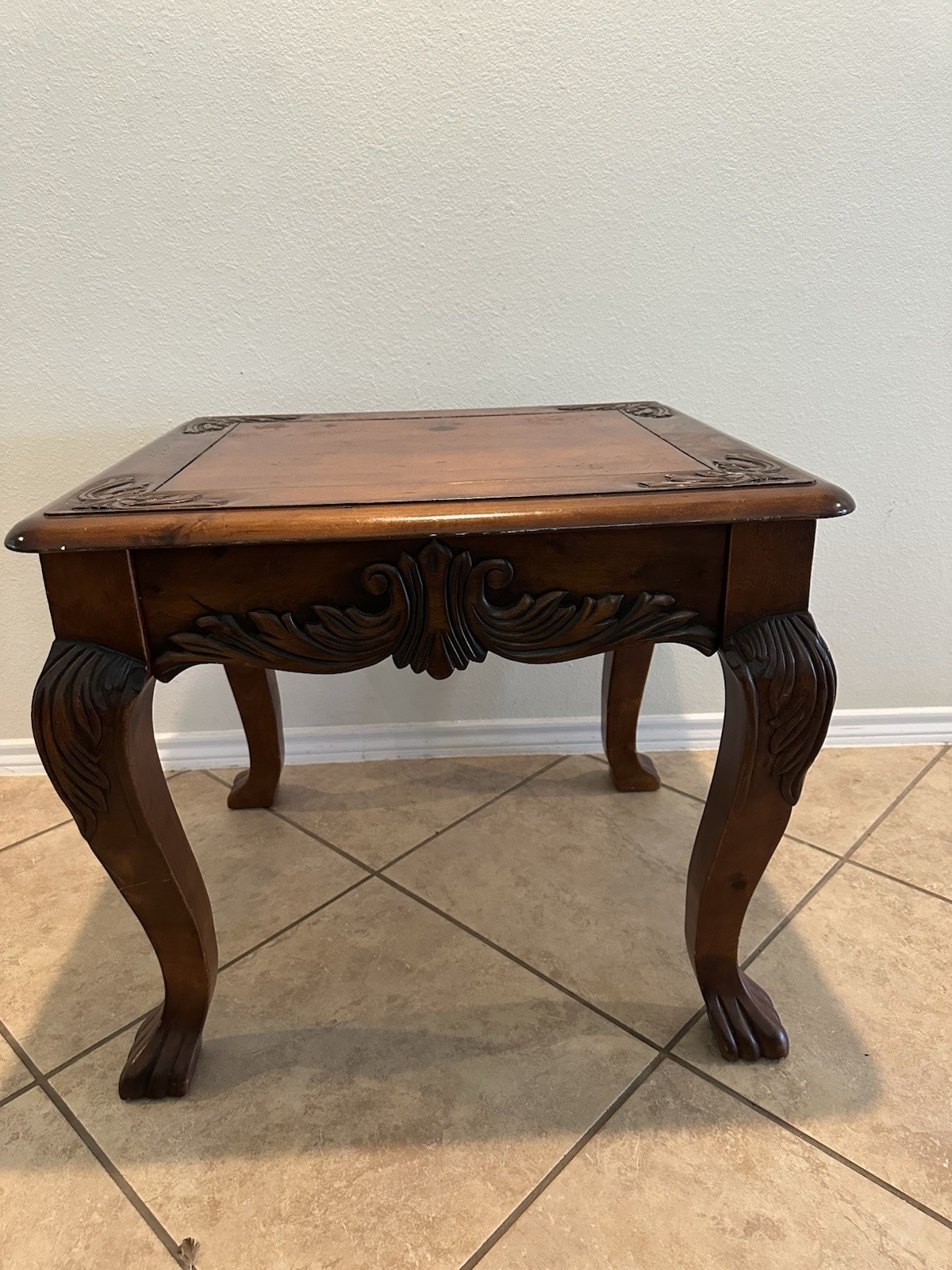 Dark Brown Wood Square End/Side Table w/ Carved Legs & Claw Feet, Indoor