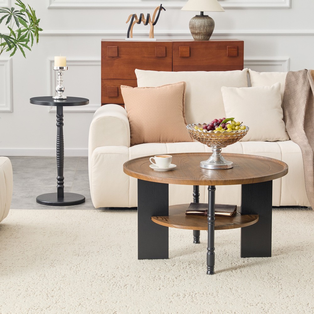 Round Coffee Table Side Table 2 Piece Set with Storage Shelf PVC Surface MDF