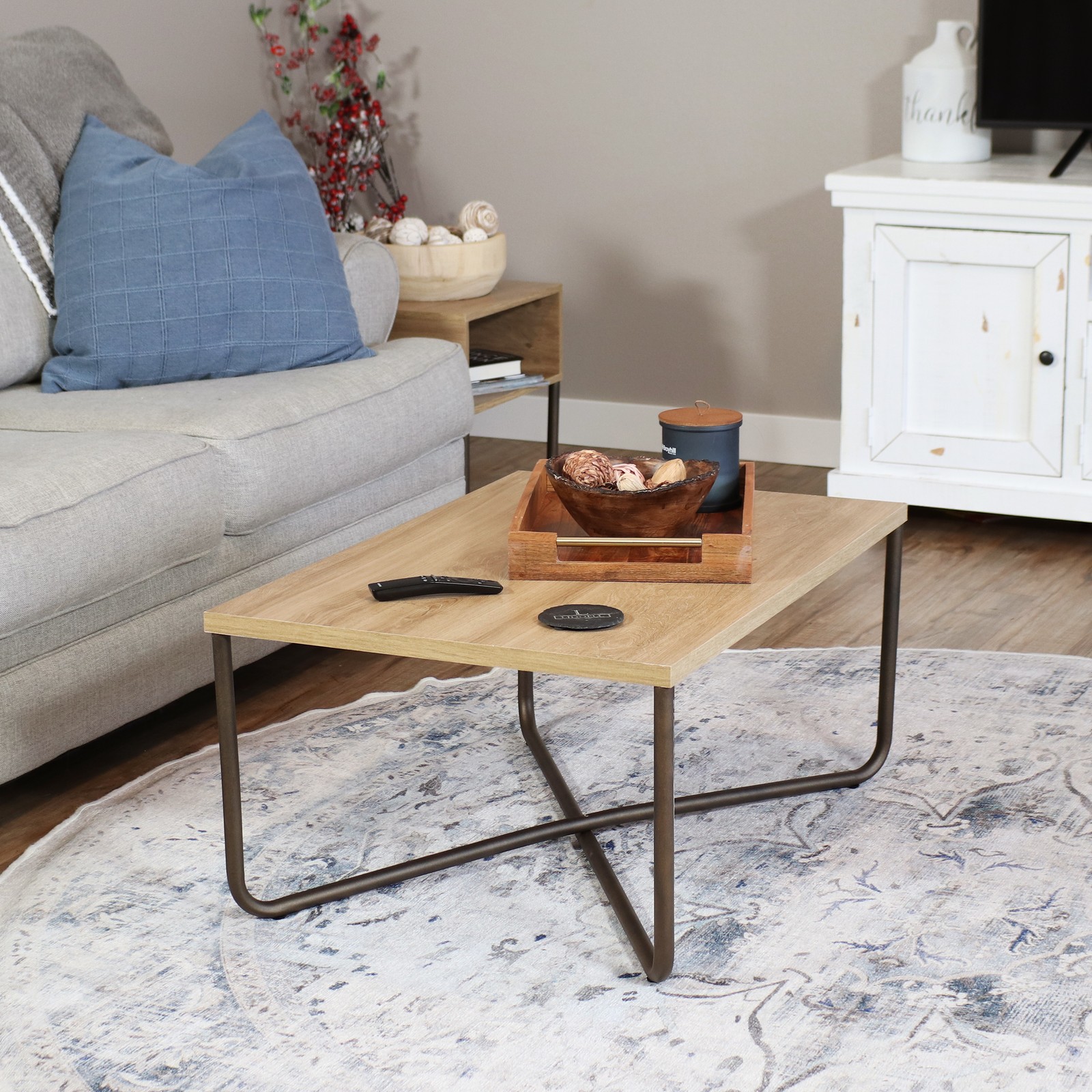Industrial-Style MDP Cross Legs Coffee Table – Brown by Sunnydaze