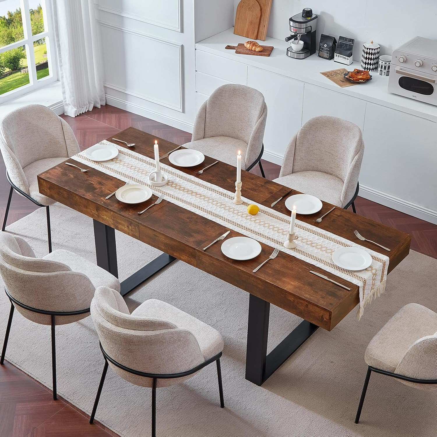 Extendable Dining Table 63″-79″ Wood Farmhouse Table Walnut