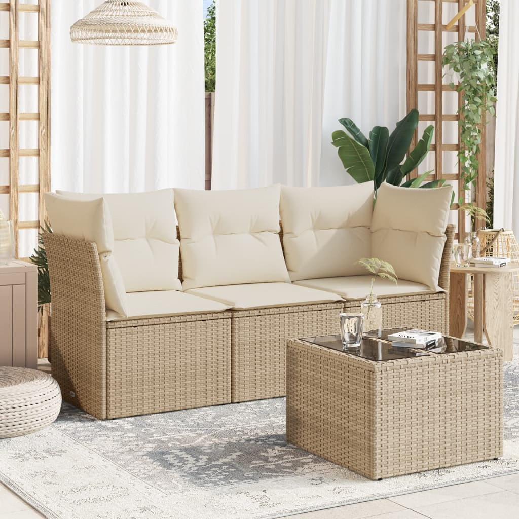 Garden Sofa Set Beige PE rattan, powder-coated steel, tempered glass