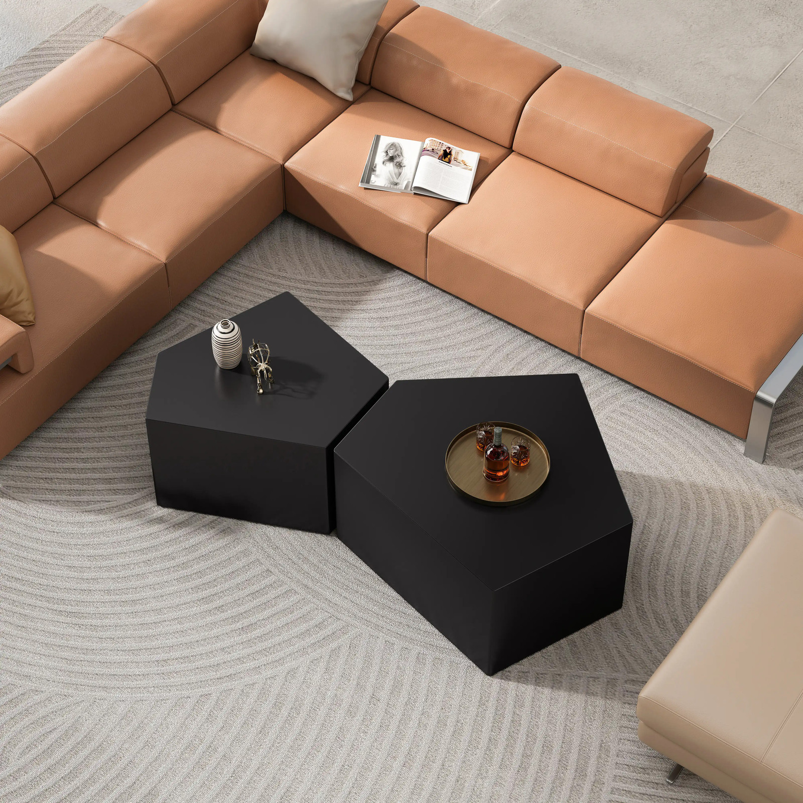 Coffee Table Set Black Irregular Pentagon Nesting Geometric Cocktail Center