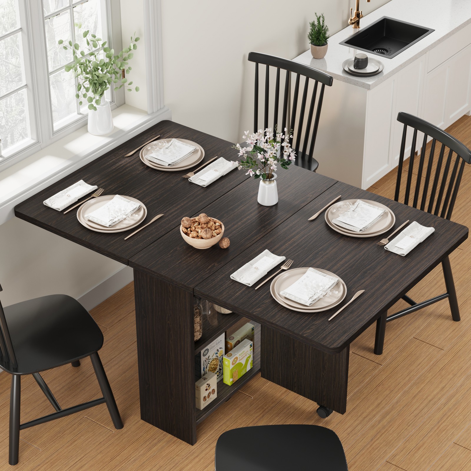 Folding Dining Table Drop Leaf Table Space Saving Table W/2-tier Storage Shelf