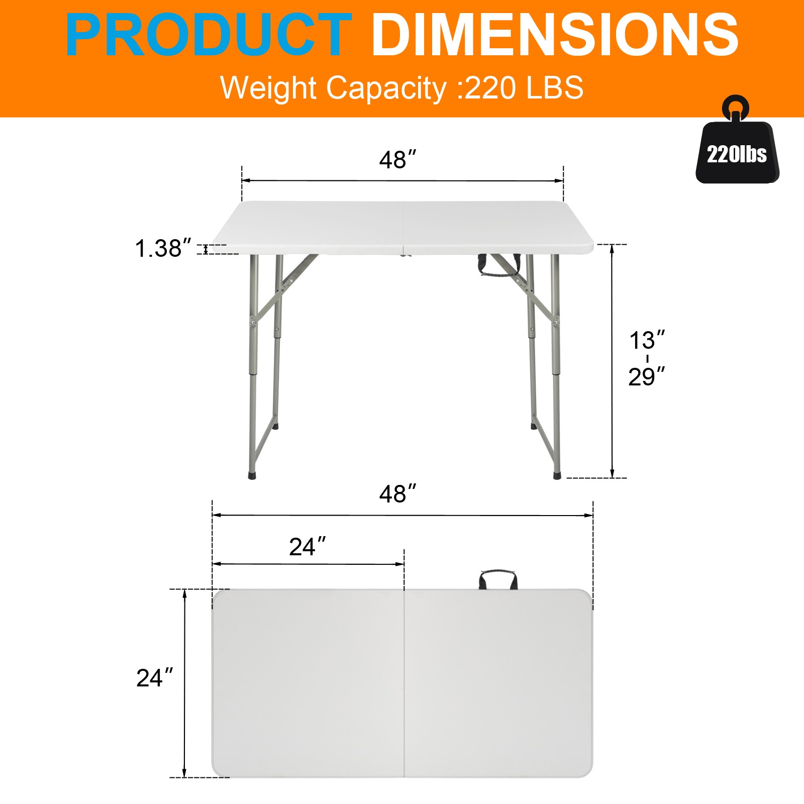 Portable 4 FT White In/Outdoor Foldable Lift Patio Plastic 220 LBS Table