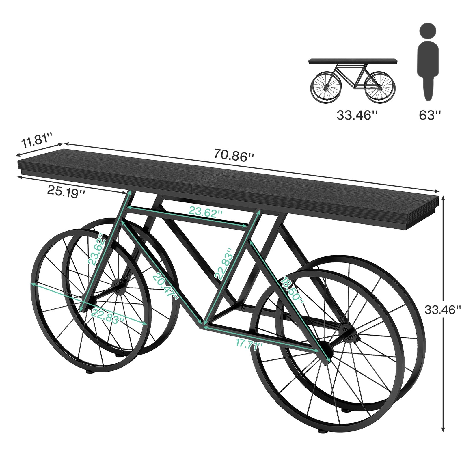 70.9-Inch Extra Long Console Table, Narrow Sofa Table with Bicycle Metal Base