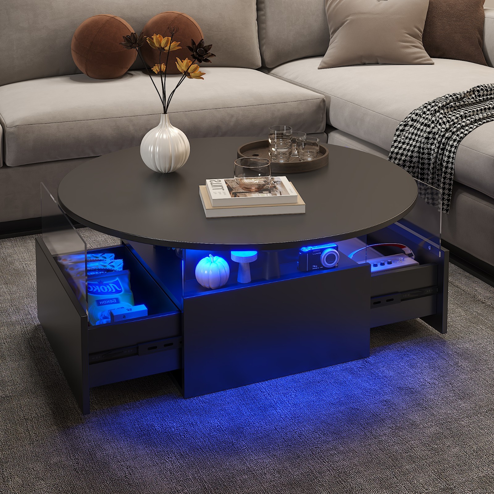Round LED Coffee Table with 2 Sliding Drawers Wood Center Table for Living Room