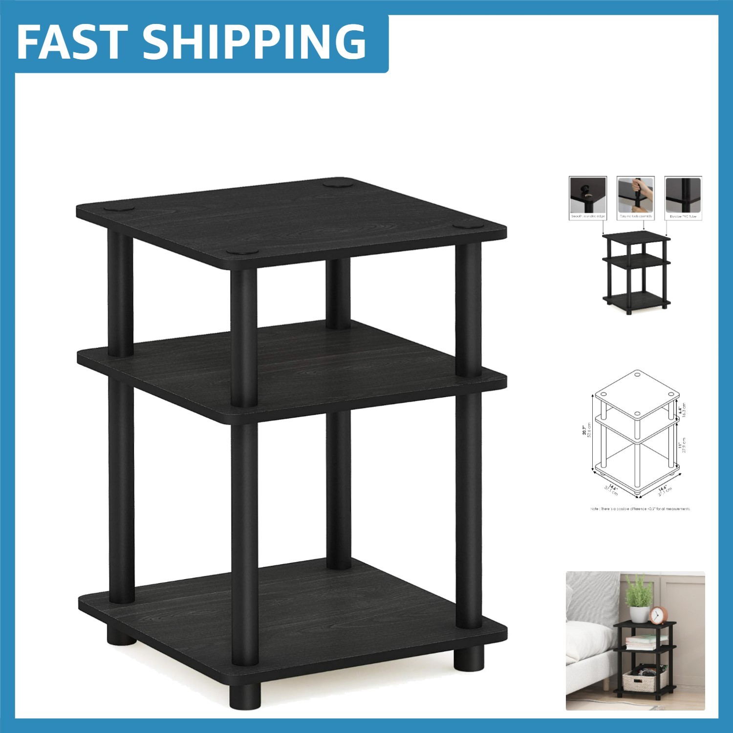 Stylish 3-Tier Modern End Table with Open Shelves – Easy Assembly in Blackwood