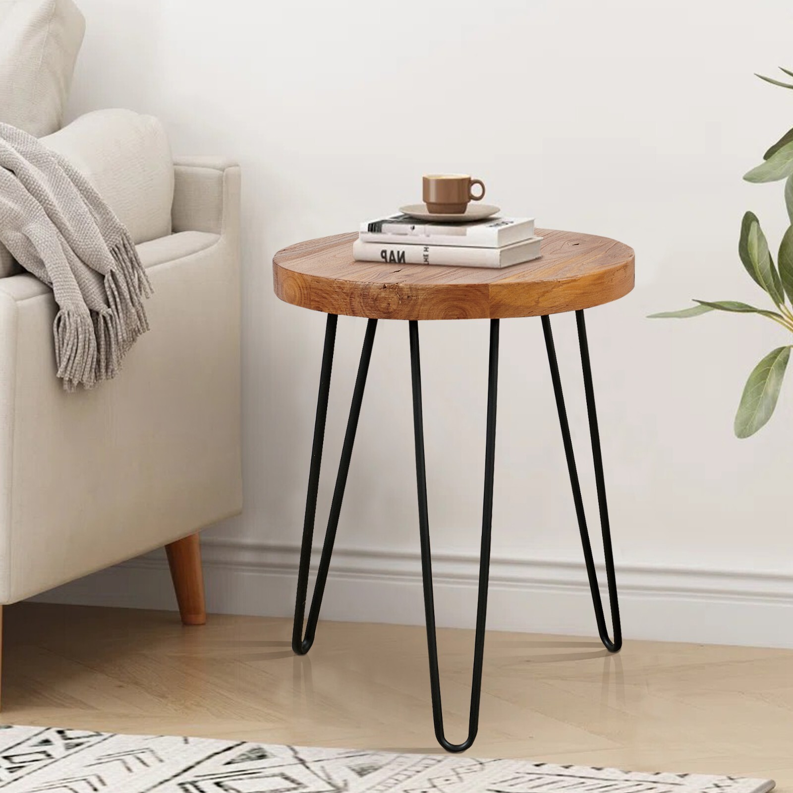GREENAGE Rustic Old Elm Wood Round End Table Nightstand Sofa Side Table 20.5″ H