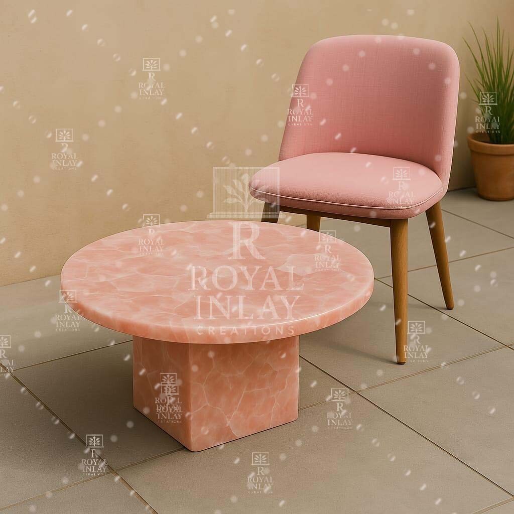 Elegant Rose Quartz Round Coffee Table – Handmade Gemstone Center Table