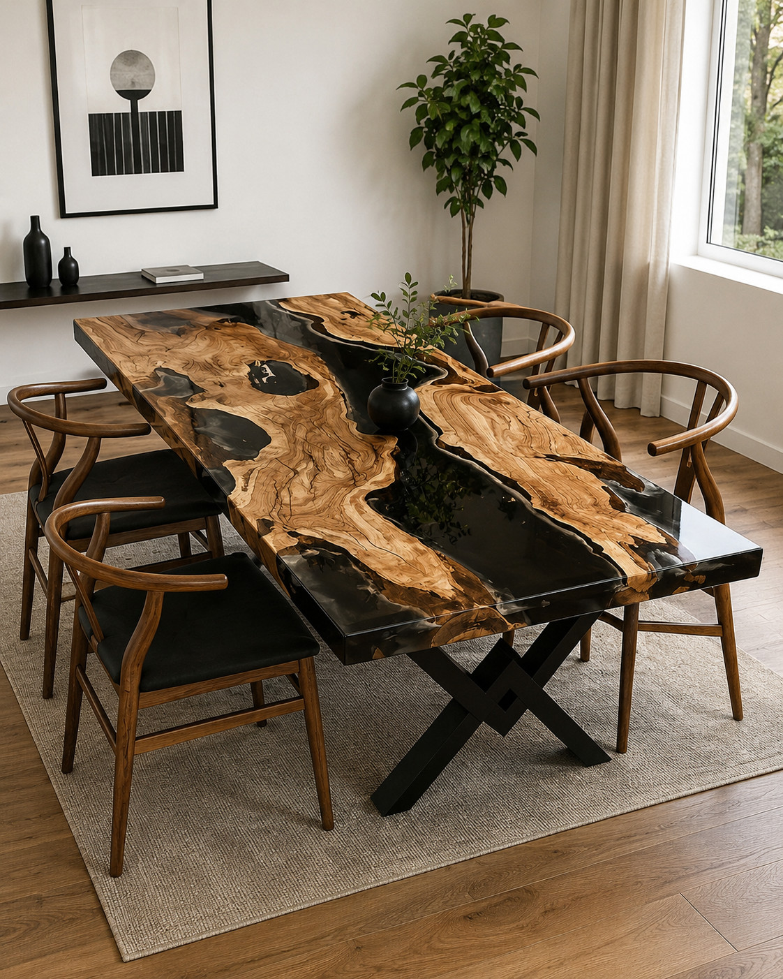 Handmade Olive Wood Black Epoxy Resin River Dining Table Modern Kitchen 12X24