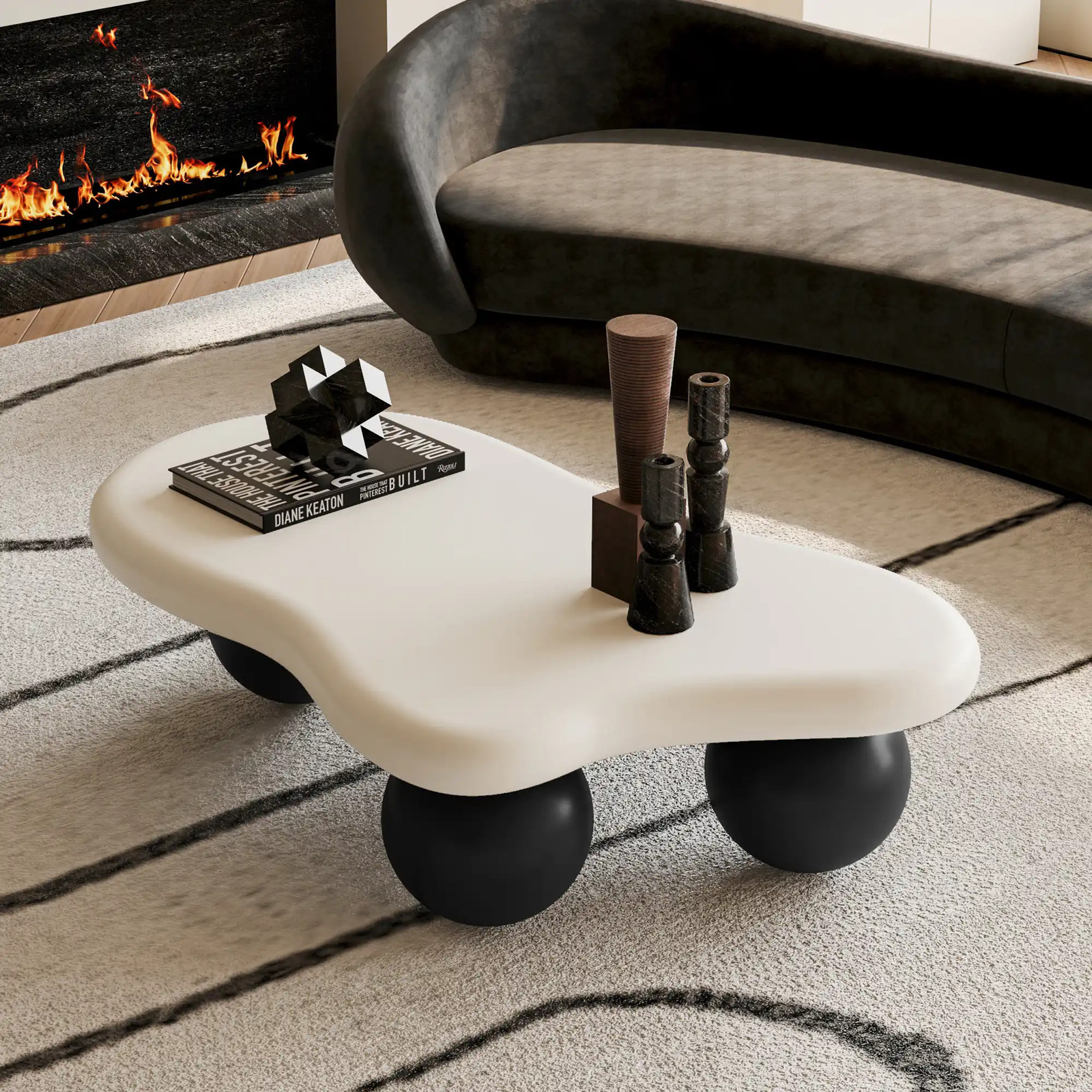 Cloud Shaped MDF Coffee Table with Irregular Contoured Top, Black White