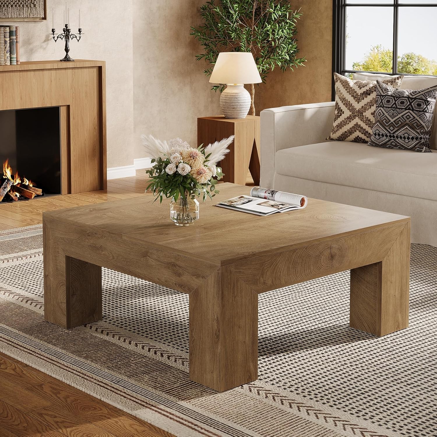 39.4-Inch Square Coffee Table Farmhouse Center Cocktail Table for Living Room