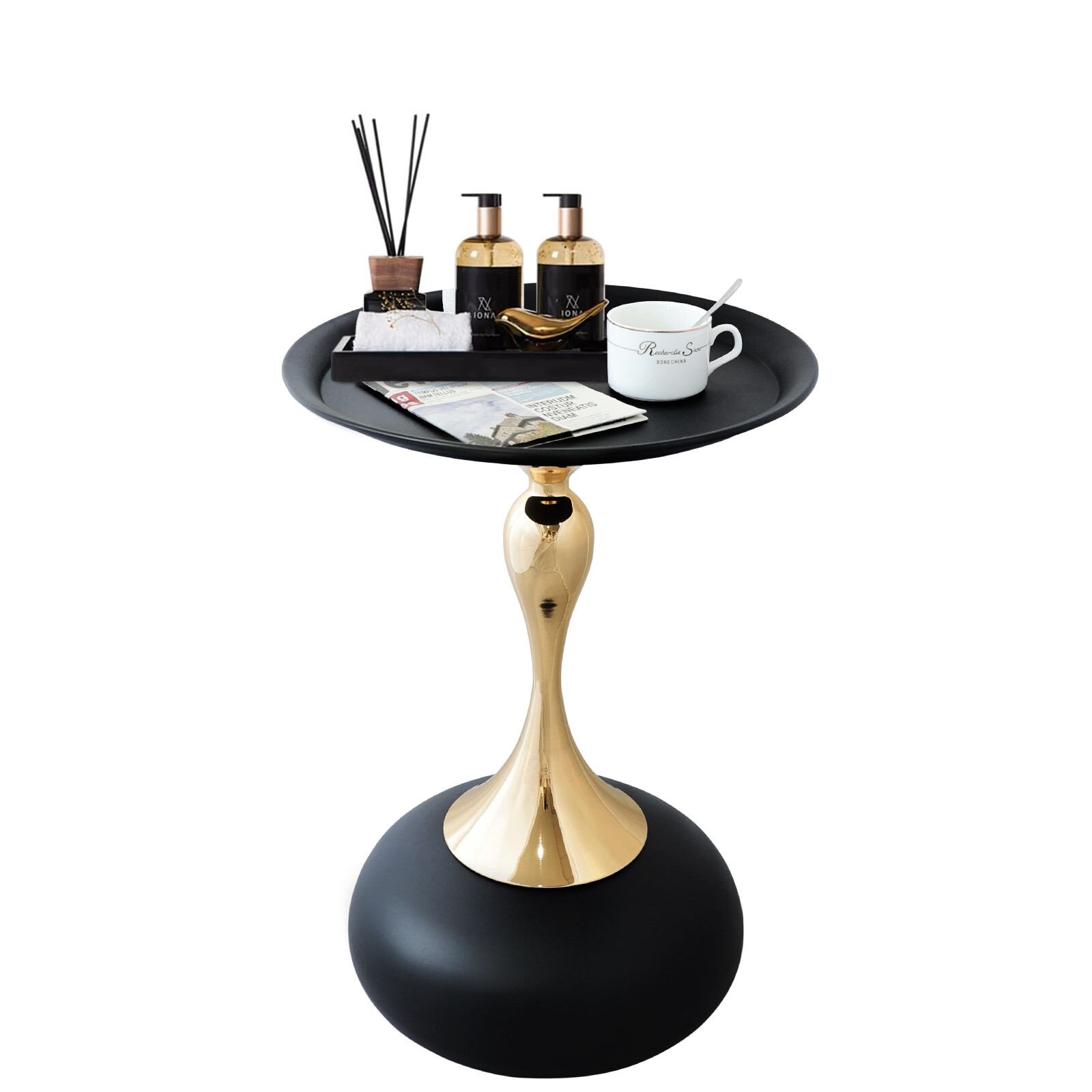 End Table Black Metal Pedestal Table Fluted Circle Decorative Drink Martini Tabl