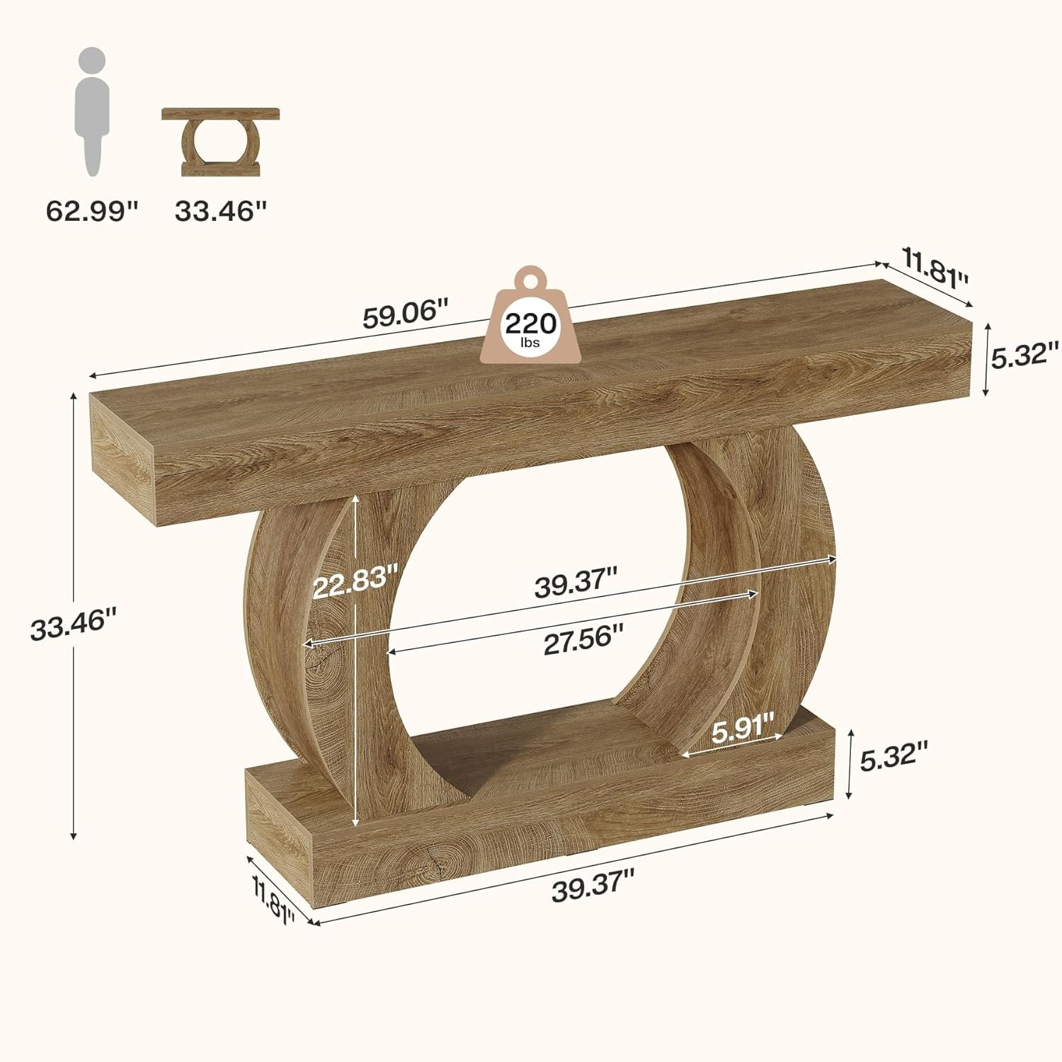 59-Inch Farmhouse Console Table, Curved Entryway Table with Unique Circular Base