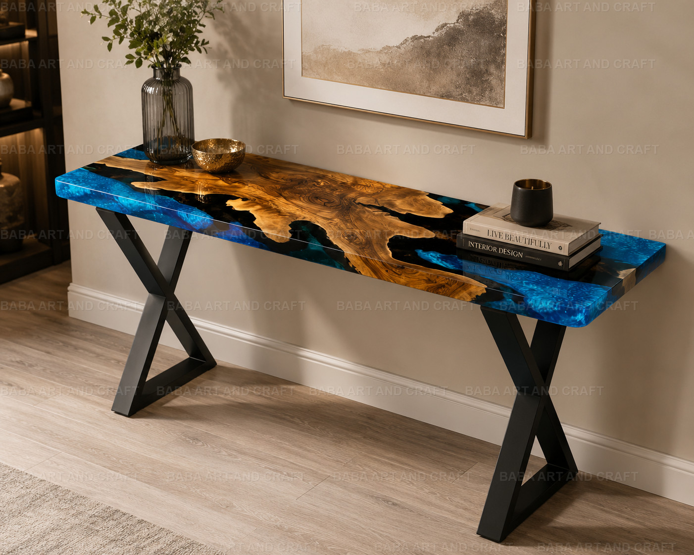 Handmade Live Edge Olive Wood Ocean Blue Epoxy Resin Console Table Top |