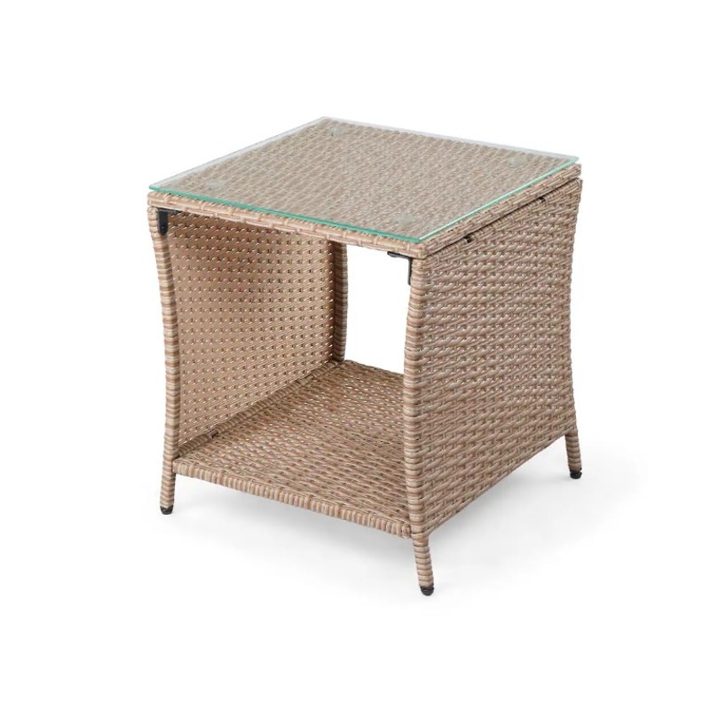 18″ Gradient Wicker Rattan Side Table w Glass Outdoor Furniture – Tan & Brown