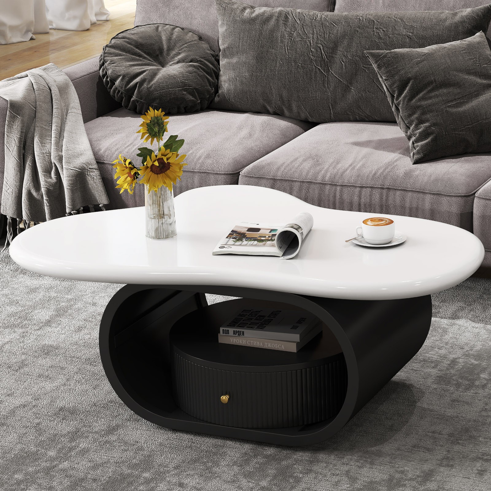 Black+White 39″ Irregular Coffee Table Center Table w/ Drawer,Shelf Home Office