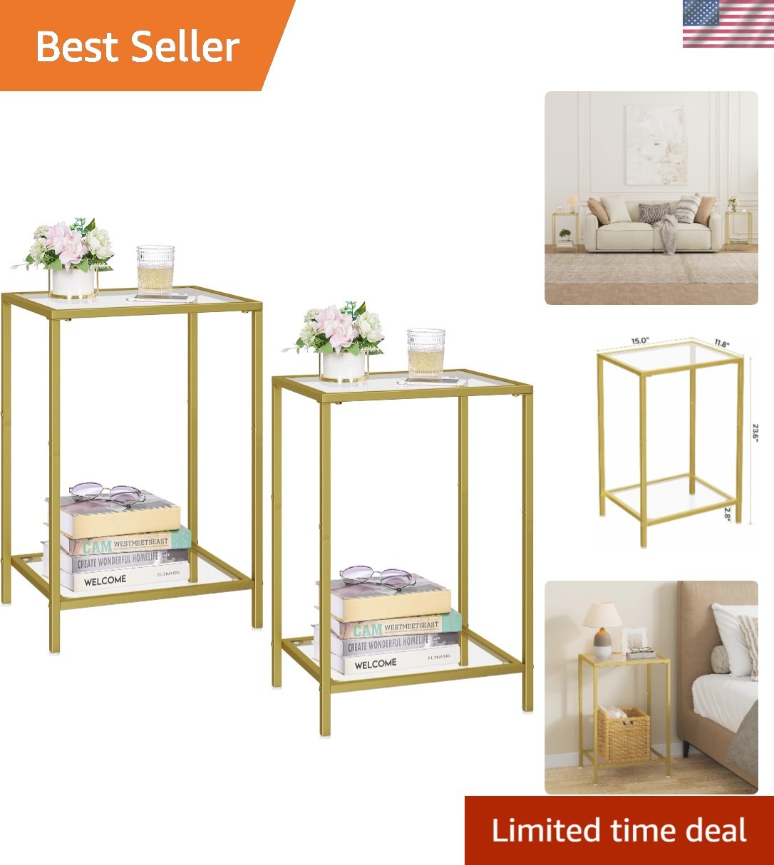 Versatile 2-Pack End Tables in Polished Gold with Glass Top & Adjustable Feet