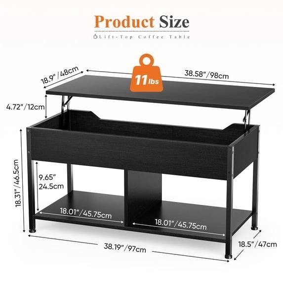 Gianna 39in Lift Top Coffee Table with Storage Black Free Shipping