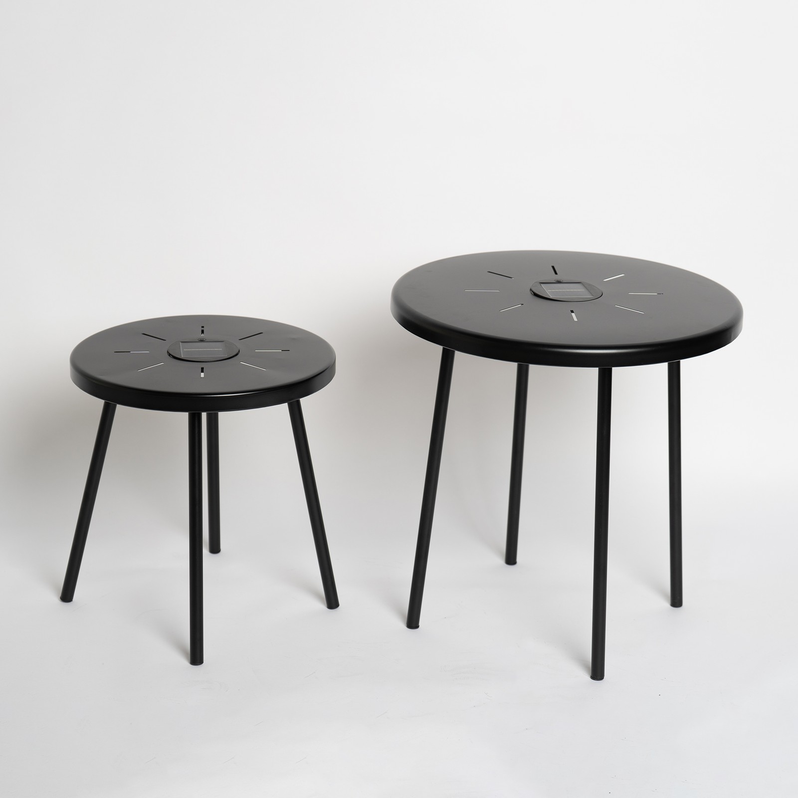 Solar Powered LED Side Table Set, 2-Pack Black Metal Nesting Round