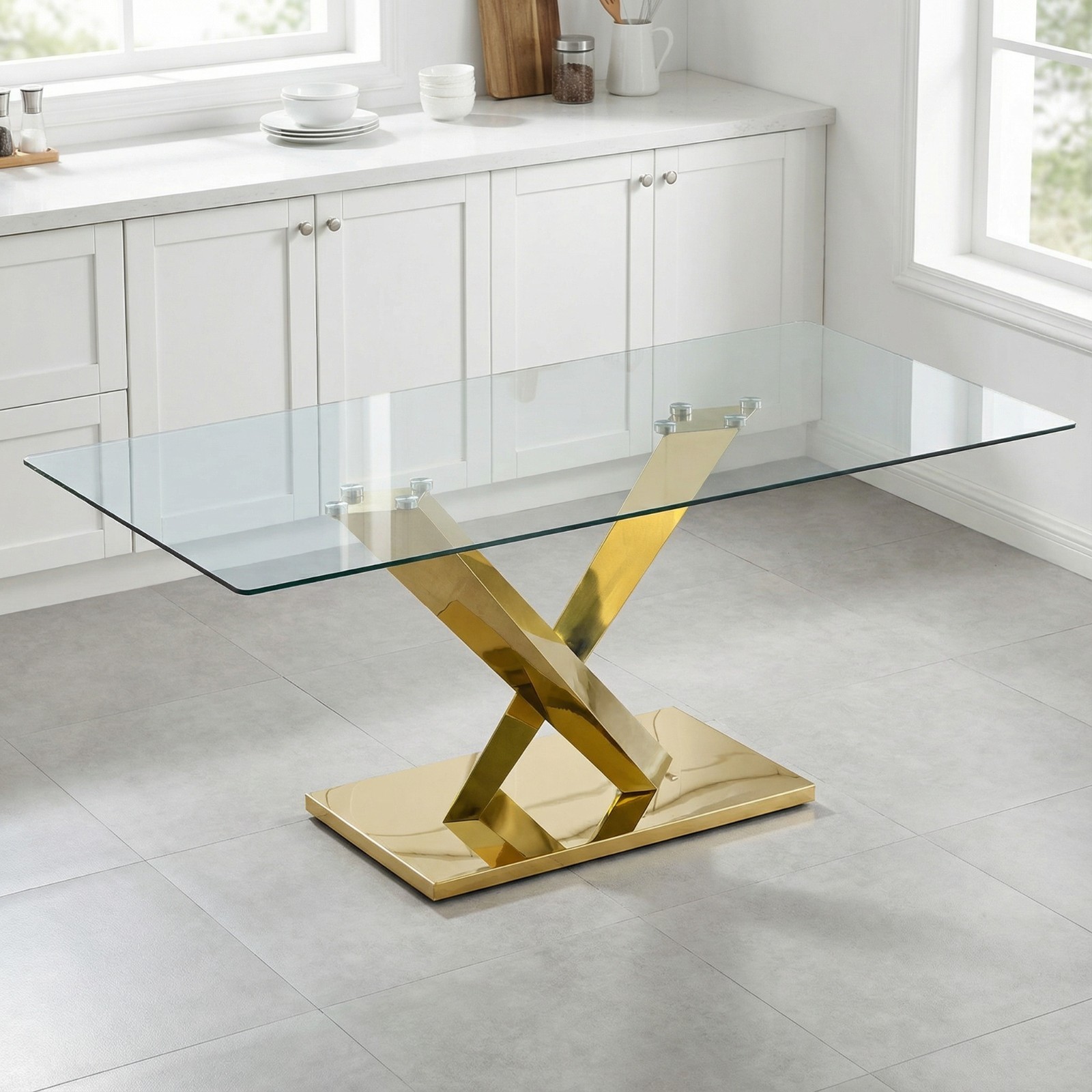 Glass Rectangle Dining Table for 6 seat 69″ Clear Glass Top with Gold Steel Base