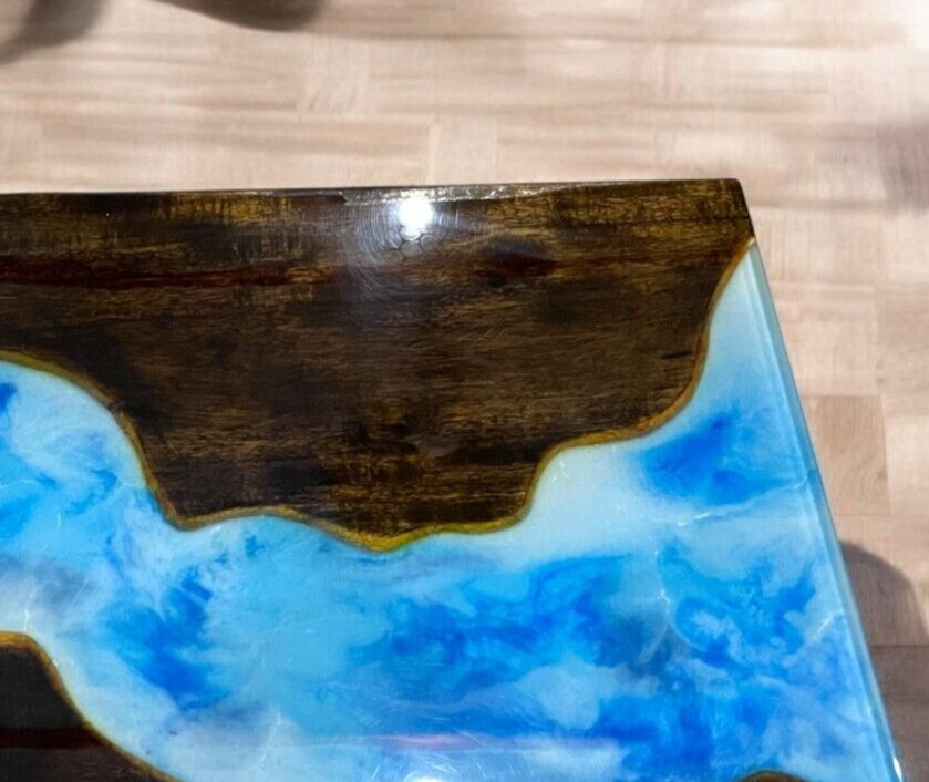 24″X12″ Blue Epoxy River Dining Table Acacia Wooden Countertop Handmade Art Deco