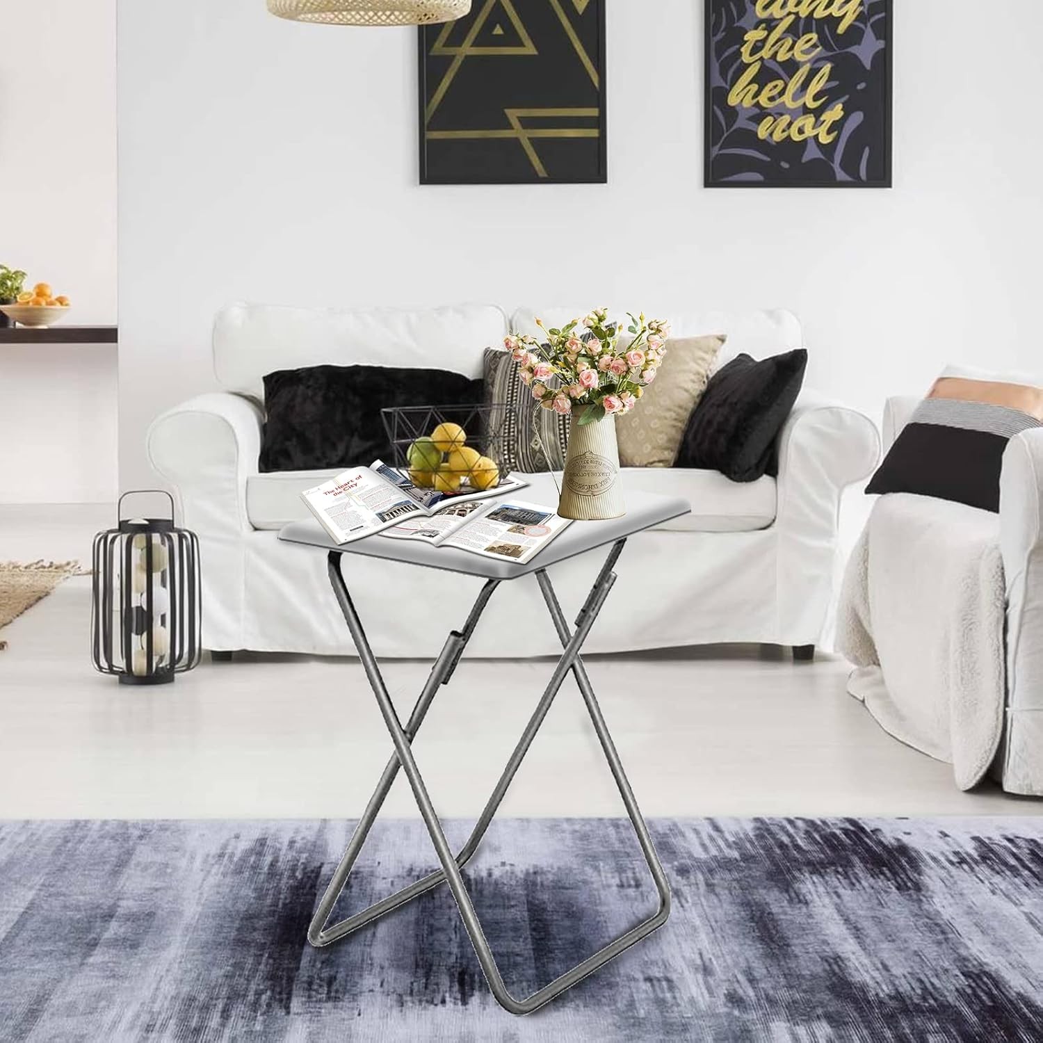 2-PK Folding TV Tray Coffee Table with No Assembly Required 15x19x26 (WHITE)