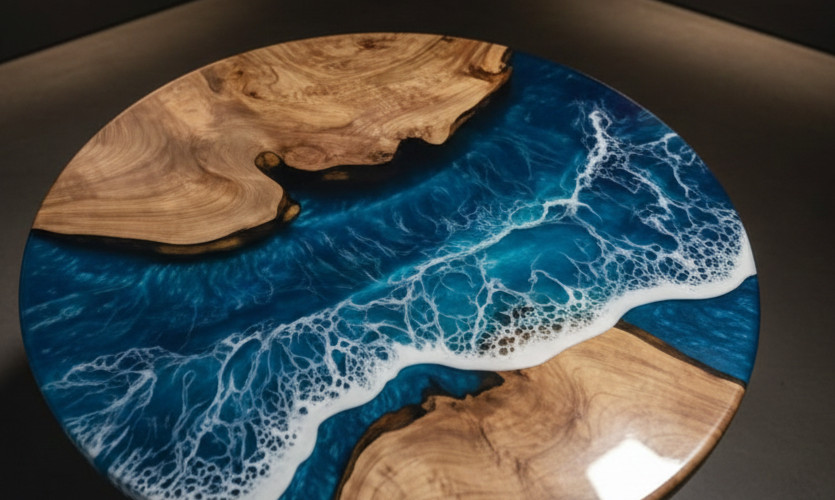 18″ Small Round Ocean End Table Blue Resin River Art with Stones & Natural Moss