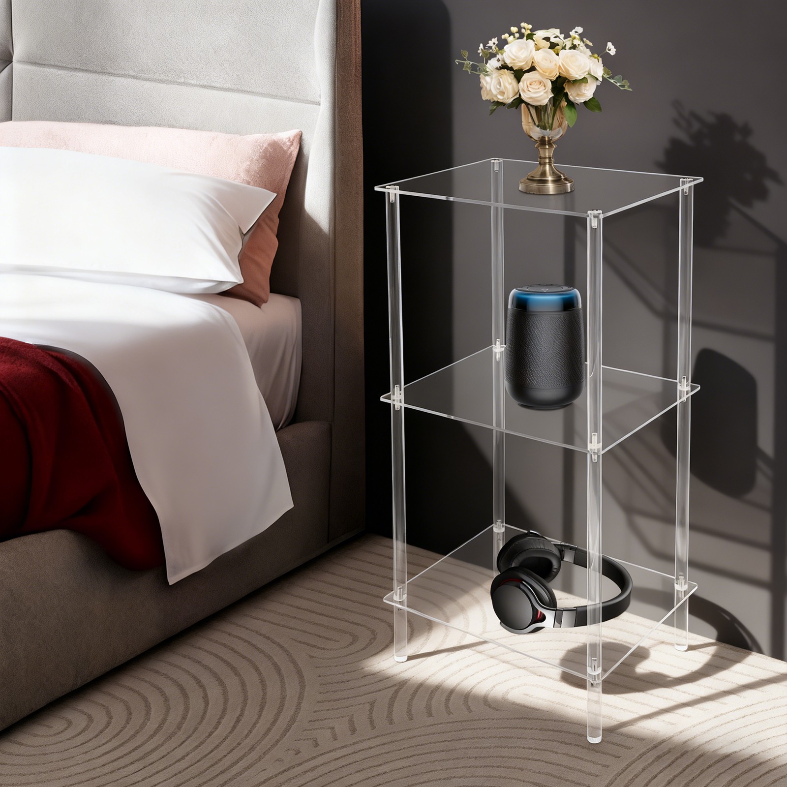 Clear Acrylic Record Player Stand??Side Table/End Table for Living Room, Bedroom