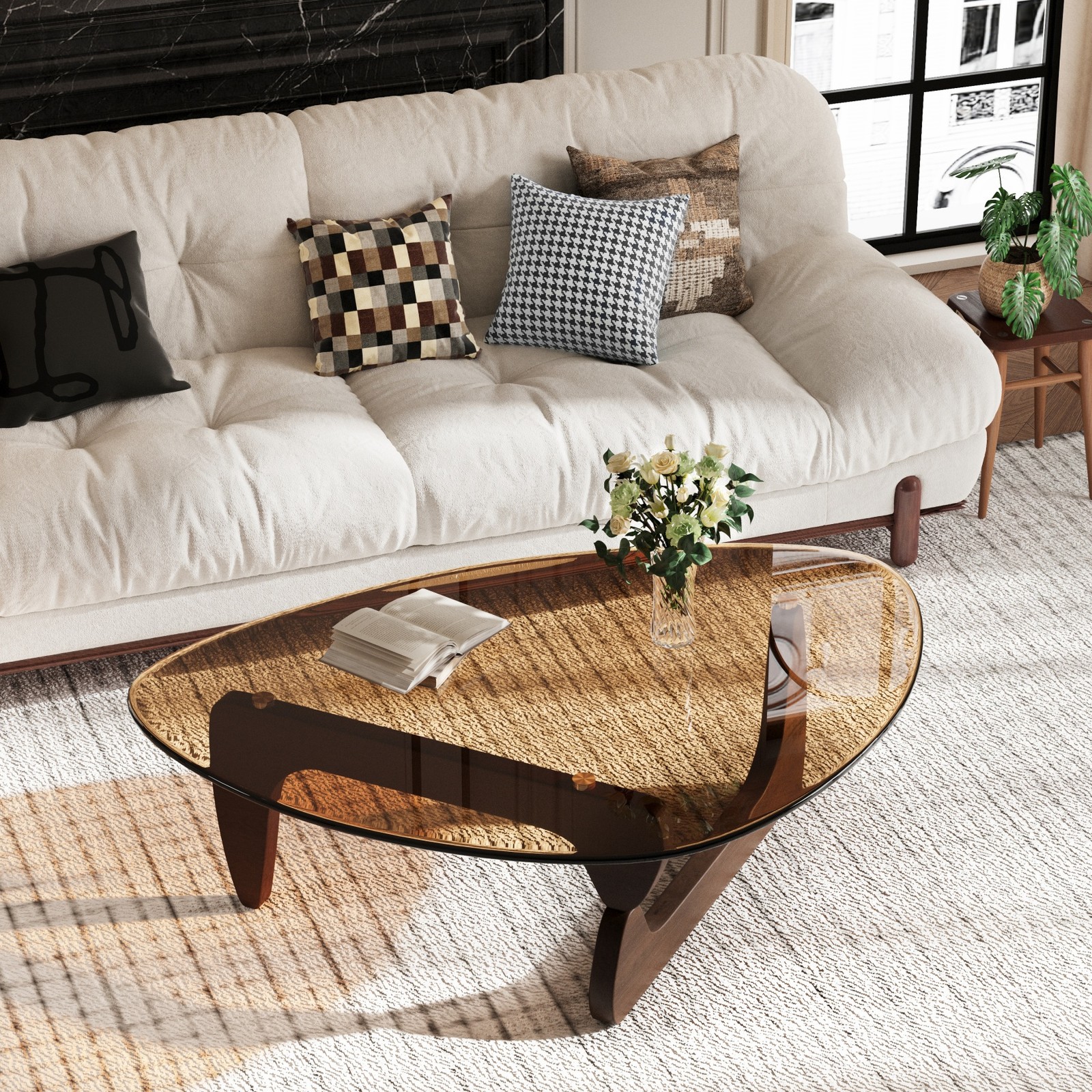 Mid-Century Irregular Triangular Coffee Table w/Amber-Tinted Tempered Glass Top